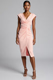Blush V-Neck Satin Bodycon Midi Ruched Work Dress with Slit