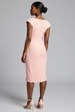 Blush V-Neck Satin Bodycon Midi Ruched Work Dress with Slit