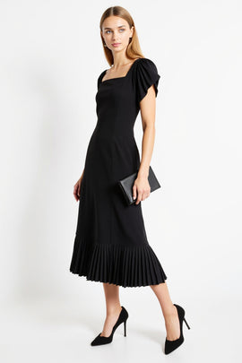 Black A Line Simple Satin Long Work Dress with Cap Sleeves