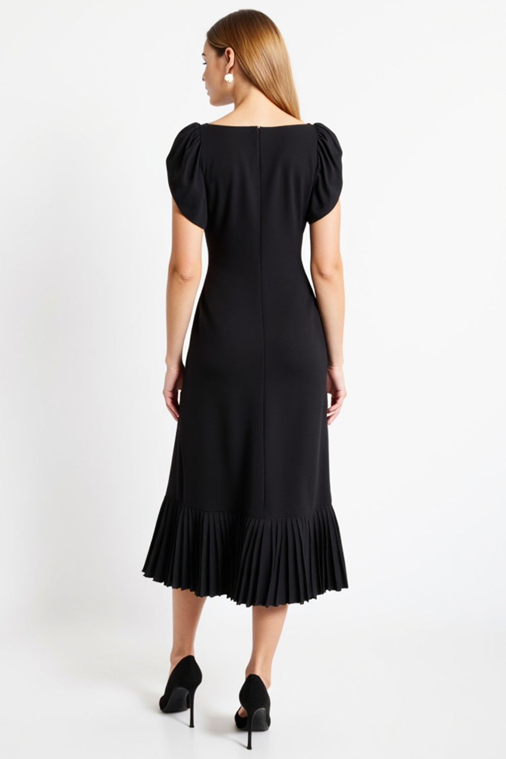 Black A Line Simple Satin Long Work Dress with Cap Sleeves
