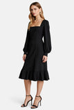 Black A Line Simple Square Neck Satin Midi Work Dress with Long Sleeves