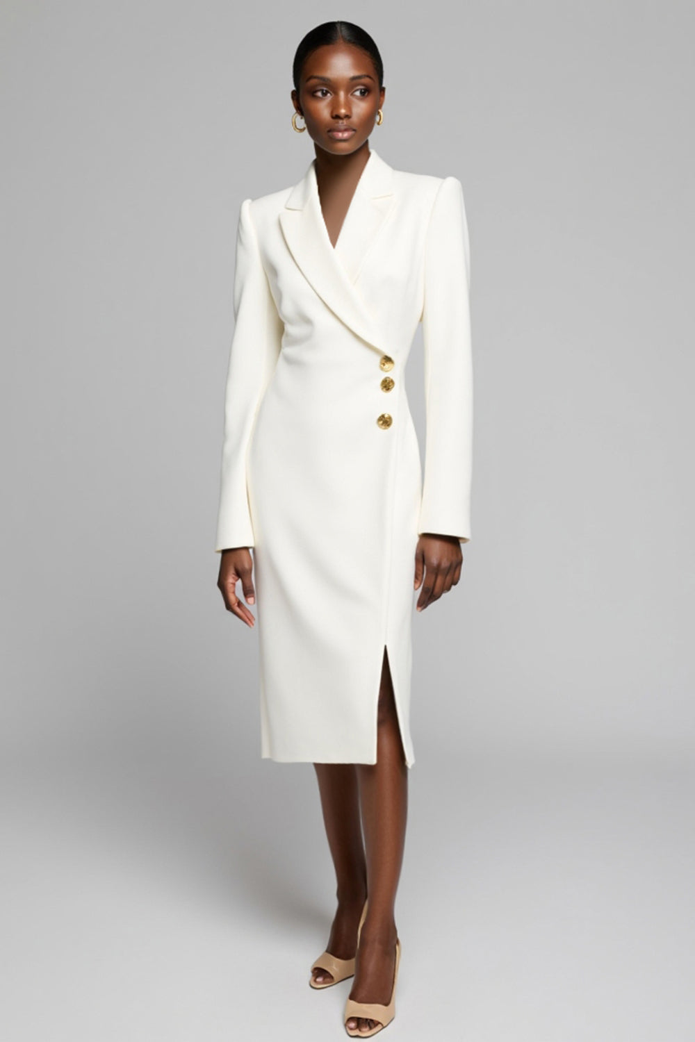 White Peak Lapel Satin Midi Work Blazer Dress with Long Sleeves