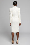 White Peak Lapel Satin Midi Work Blazer Dress with Long Sleeves
