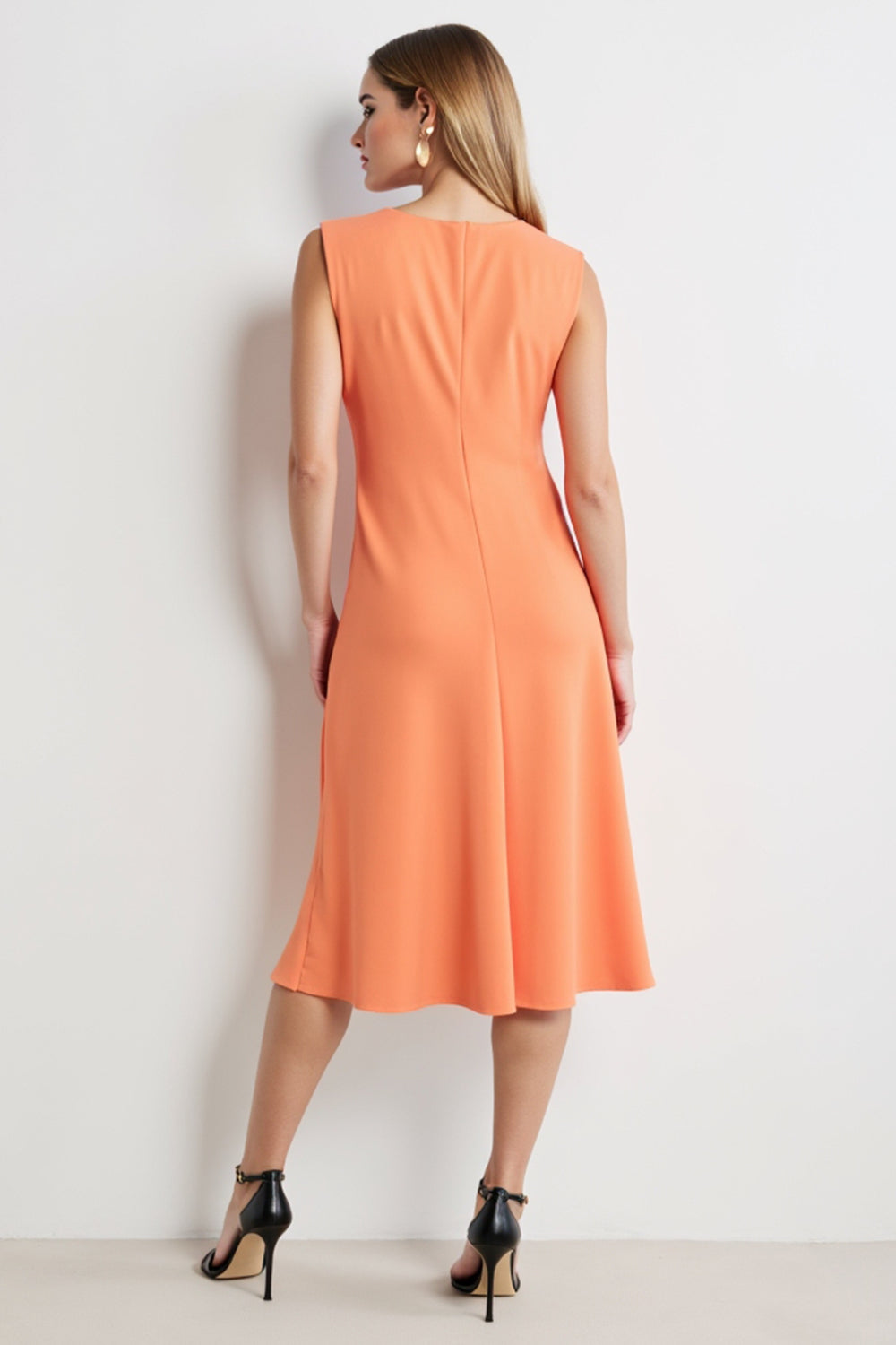 Orange Ruched Scoop Neck Midi Work Dress with Ruffles