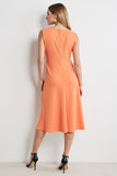 Orange Ruched Scoop Neck Midi Work Dress with Ruffles