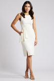 White Satin Ruffled Bodycon Midi Work Dress with Slit