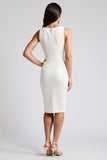 White Satin Ruffled Bodycon Midi Work Dress with Slit