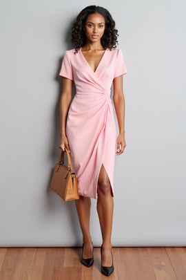 Pink V-Neck Bodycon Ruched Midi Work Dress with Short Sleeves