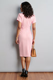 Pink V-Neck Bodycon Ruched Midi Work Dress with Short Sleeves