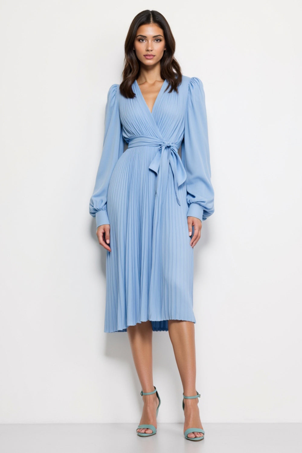 Blue V-Neck Pleated Long Sleeves Midi Work Dress with Strings