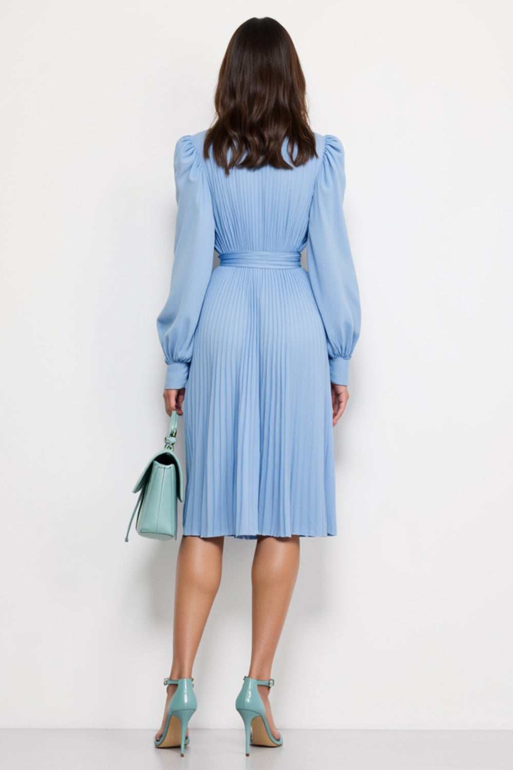 Blue V-Neck Pleated Long Sleeves Midi Work Dress with Strings