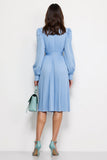 Blue V-Neck Pleated Long Sleeves Midi Work Dress with Strings
