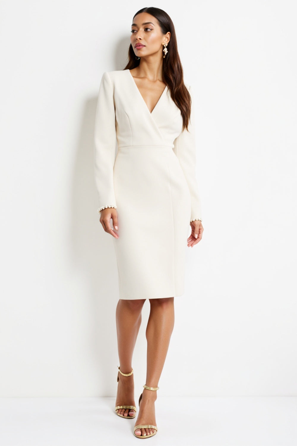White Satin V-Neck Bodycon Midi Work Dress with Long Sleeves