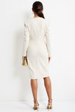 White Satin V-Neck Bodycon Midi Work Dress with Long Sleeves