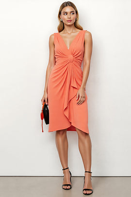 Orange Bodycon V-Neck Midi Ruched Work Dress with Ruffles