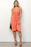 Orange Bodycon V-Neck Midi Ruched Work Dress with Ruffles