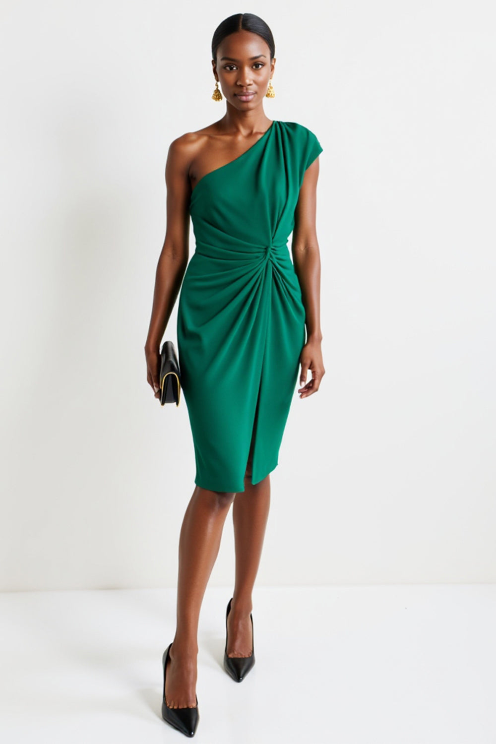 Dark Green One Shoulder Bodycon Ruched Midi Work Dress with Slit