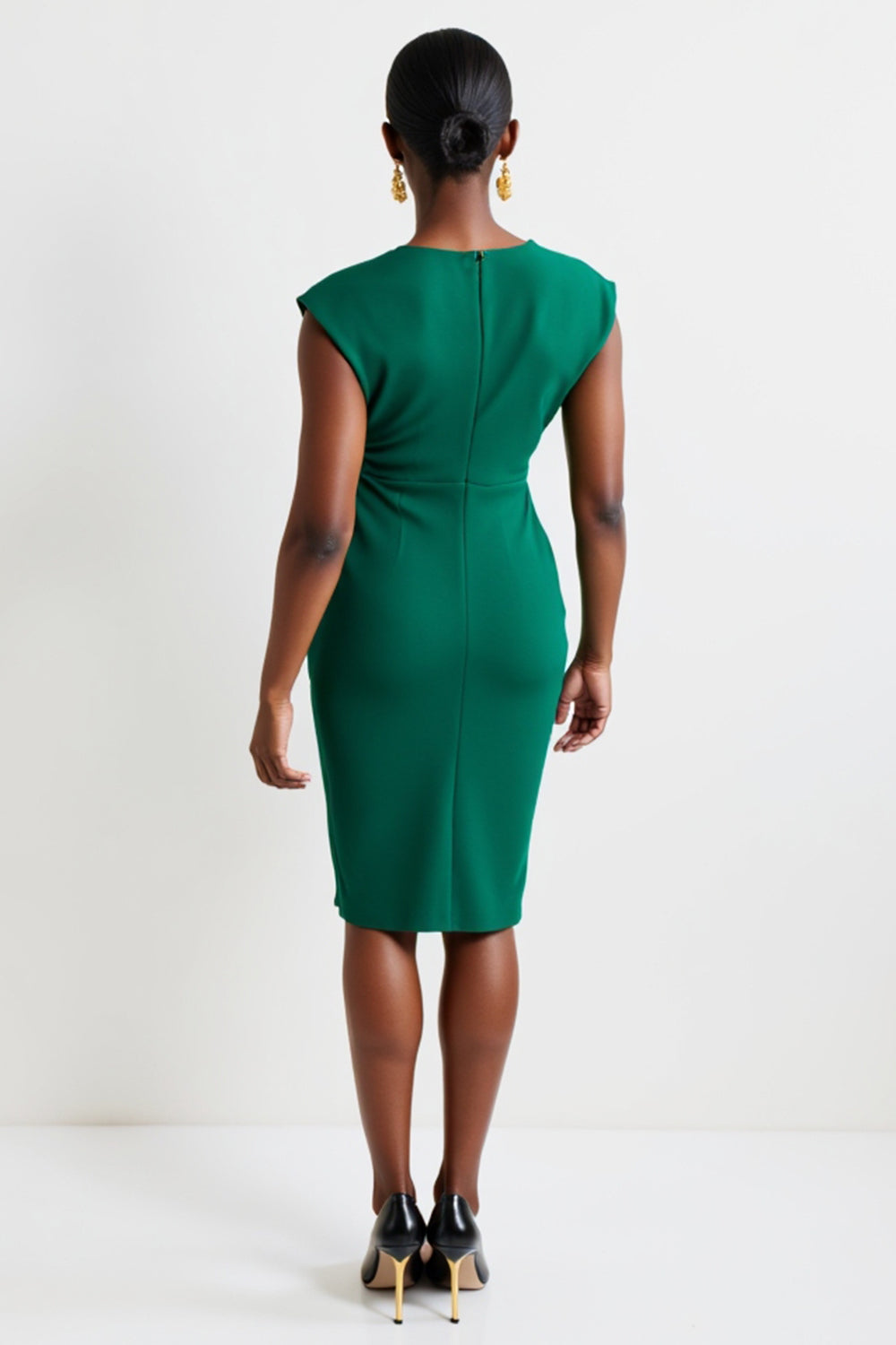 Dark Green One Shoulder Bodycon Ruched Midi Work Dress with Slit