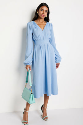 Blue A Line V-Neck Long Sleeves Midi Work Dress with Long Sleeves