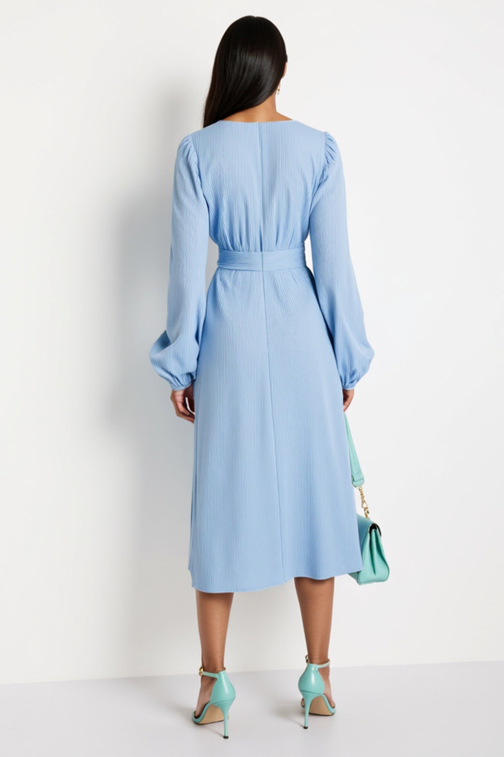 Blue A Line V-Neck Long Sleeves Midi Work Dress with Long Sleeves