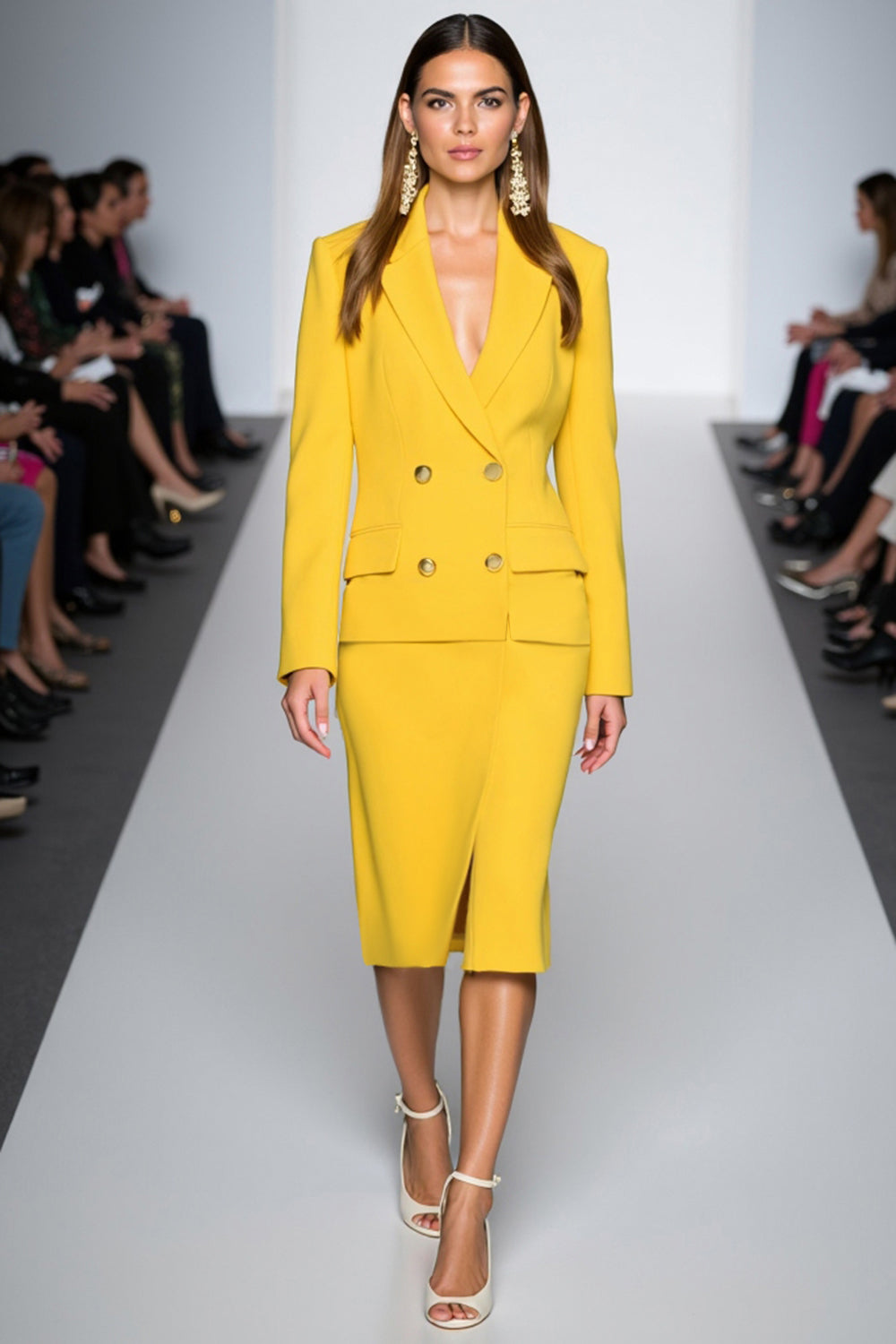 Yellow Satin 2 Piece Peak Lapel Midi Business Suits with Slit