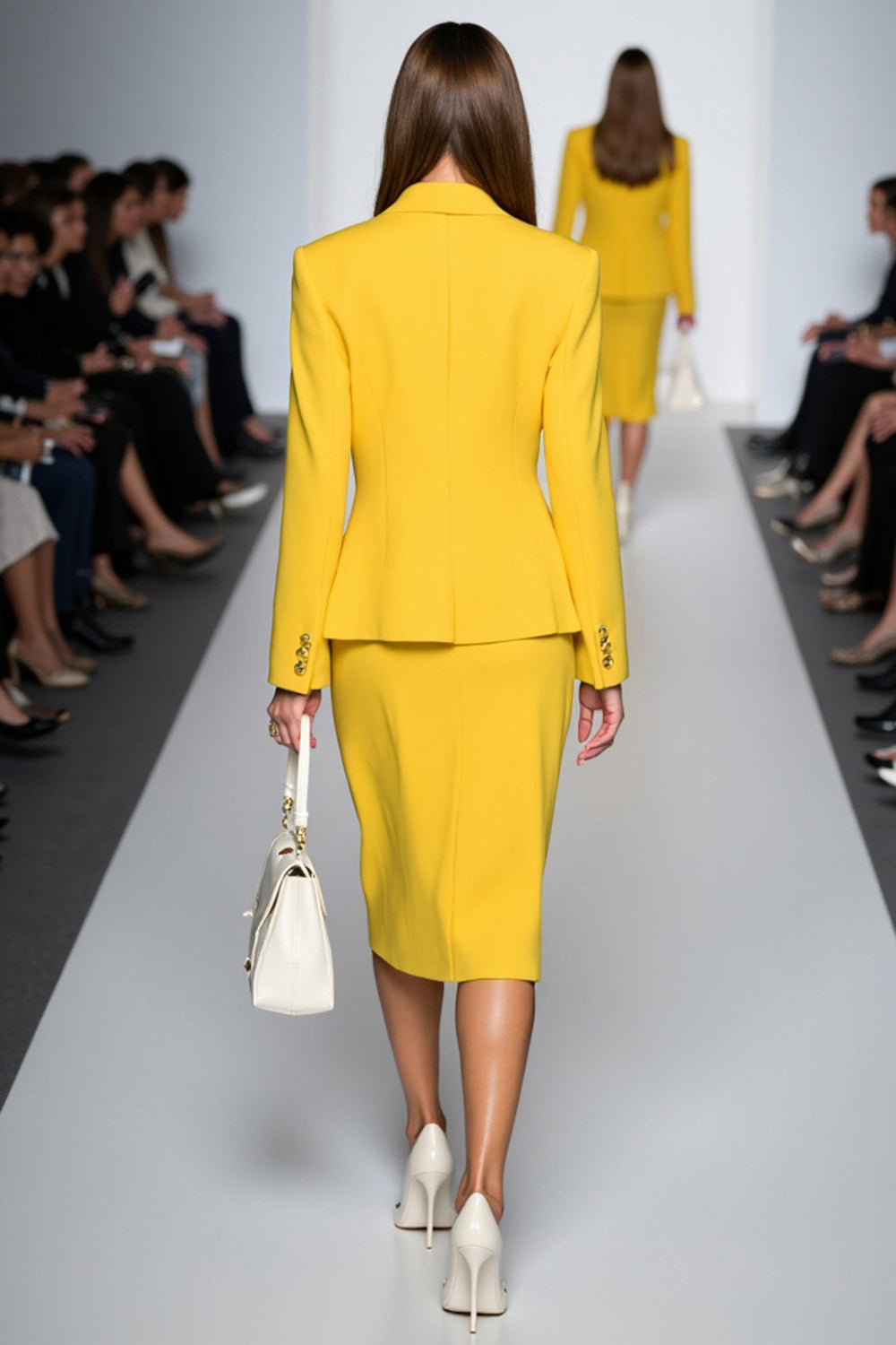 Yellow Satin 2 Piece Peak Lapel Midi Business Suits with Slit