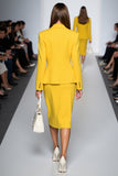 Yellow Satin 2 Piece Peak Lapel Midi Business Suits with Slit