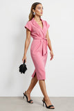 Hot Pink Notched Lapel Bodycon Midi Work Dress with Strings