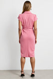 Hot Pink Notched Lapel Bodycon Midi Work Dress with Strings
