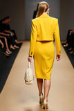 Yellow Peak Lapel Double Breasted Midi Satin Business Suits with Slit