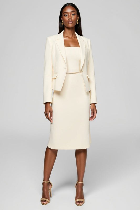 Ivory Satin Peak Lapel 2 Piece Midi Business Suits