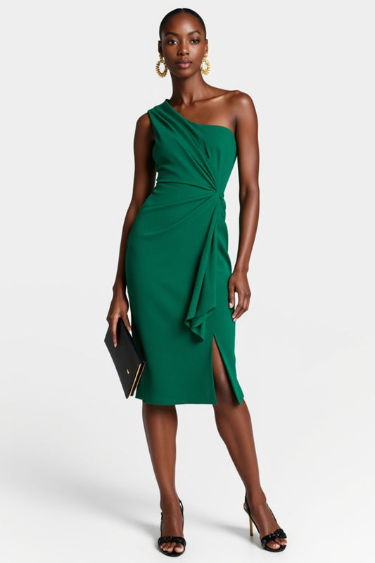 Dark Green One Shoulder Bodycon Midi Ruched Work Dress with Slit