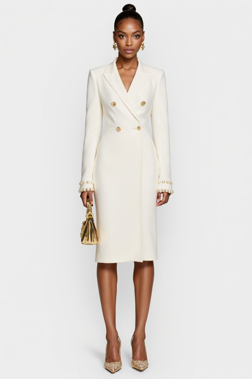 Zapaka Women White Midi Work Dress with Long Sleeves Peak Lapel Double Breasted Bodycon Business Dress, White / XL Zapaka Women White Midi Work Dress with Long Sleeves Peak Lapel Double Breasted Bodycon Business Dress, White / XL