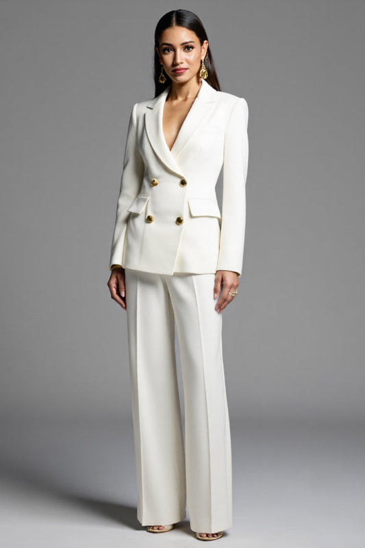 White 2 Piece Satin Notched Lapel Double Breasted Business Suits