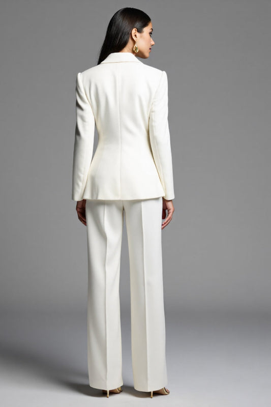 White 2 Piece Satin Notched Lapel Double Breasted Business Suits