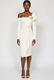 White One Shoulder Bodycon Ruffled Midi Work Dress with Long Sleeves
