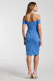 Blue Bodycon Satin Off the Shoulder Short Ruched Work Dress with Slit