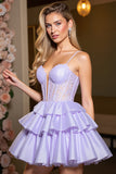 Corset Lavender A Line Satin Short Homecoming Dress with Appliques