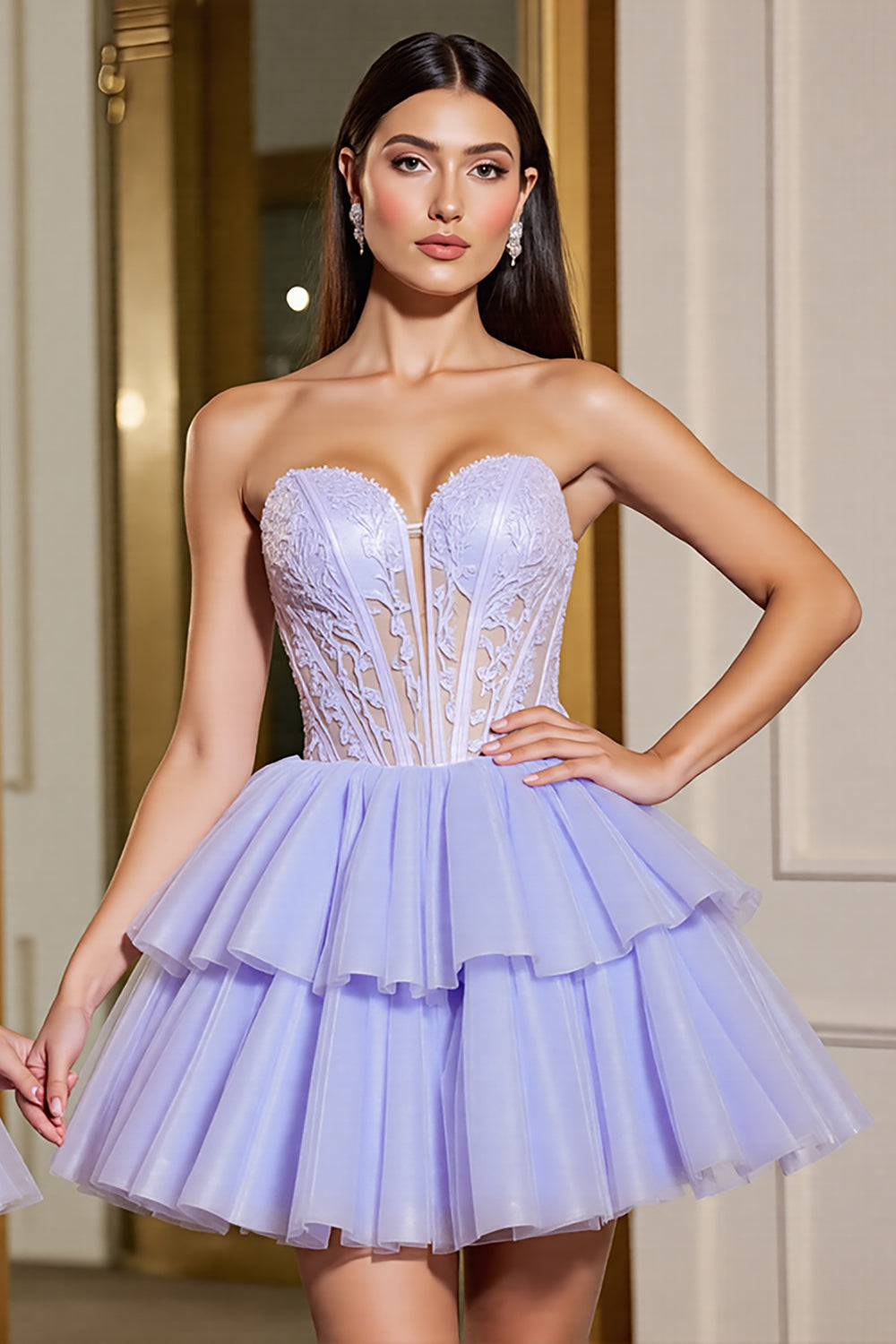 Lavender Tulle Corset Short A Line Homecoming Dress with Appliques