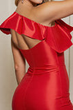 Red Bodycon Satin One Shoulder Short Homecoming Dress with Fringes