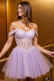 Sparkly Lilac Corset Off the Shoulder A Line Short Tulle Homecoming Dress