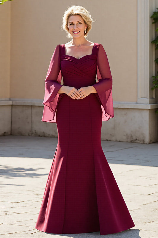 Burgundy Satin Mermaid Long Mother of the Bride Dress with Sleeves