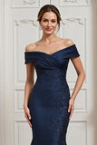 Navy Satin Mermaid Off the Shoulder Long Mother of the Bride Dress