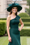 Pine Satin One Shoulder Long Mother of the Bride Dress with Appliques