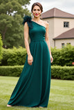 Pine Satin A Line One Shoulder Long Mother of the Bride Dress