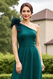 Pine Satin A Line One Shoulder Long Mother of the Bride Dress