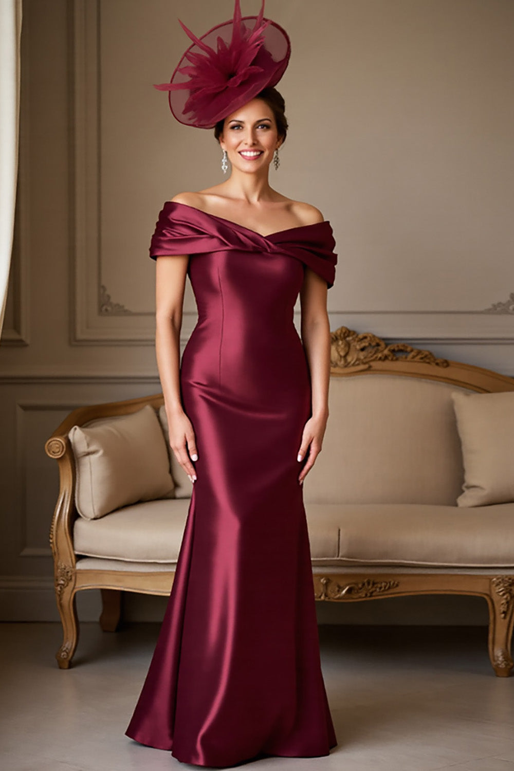 Zapakasa Women Burgundy Satin Long Mermaid Mother of the Bride Dress