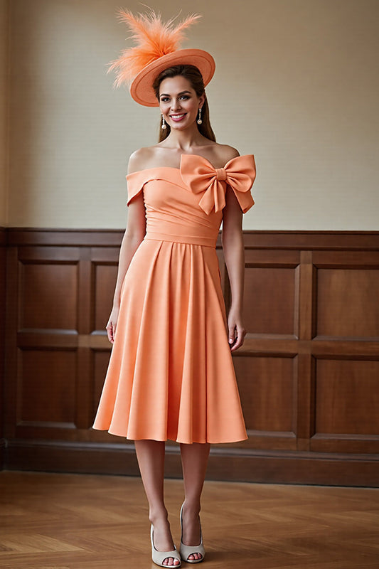 Sunset Satin Off the Shoulder Midi Mother of the Bride Dress with Bow