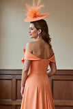 Sunset Satin Off the Shoulder Midi Mother of the Bride Dress with Bow