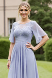 Grey Blue Chiffon A Line High-Low Mother of the Bride Dress with Appliques